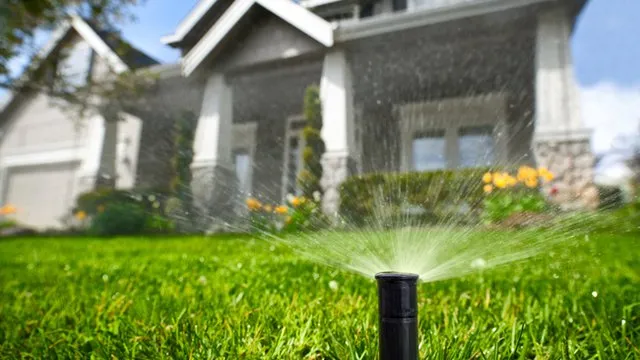Visible puddling and uneven grass near sprinkler indicating a leak
