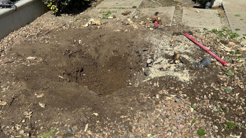 Dug-out soil area where a tree stump is being removed, with tools nearby