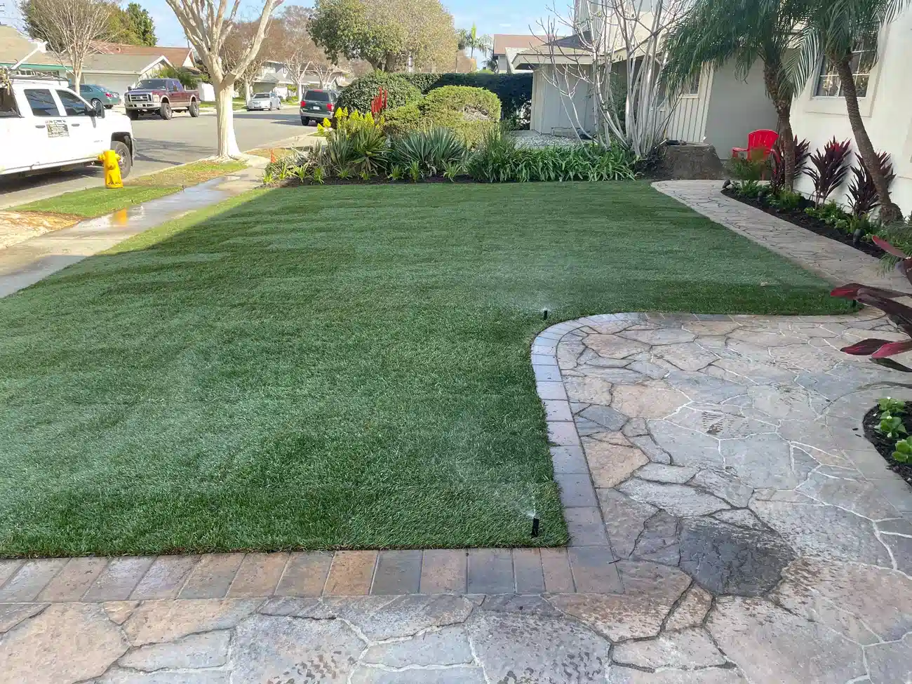 Freshly maintained front yard lawn with landscaping and stone walkway in Orange County California.